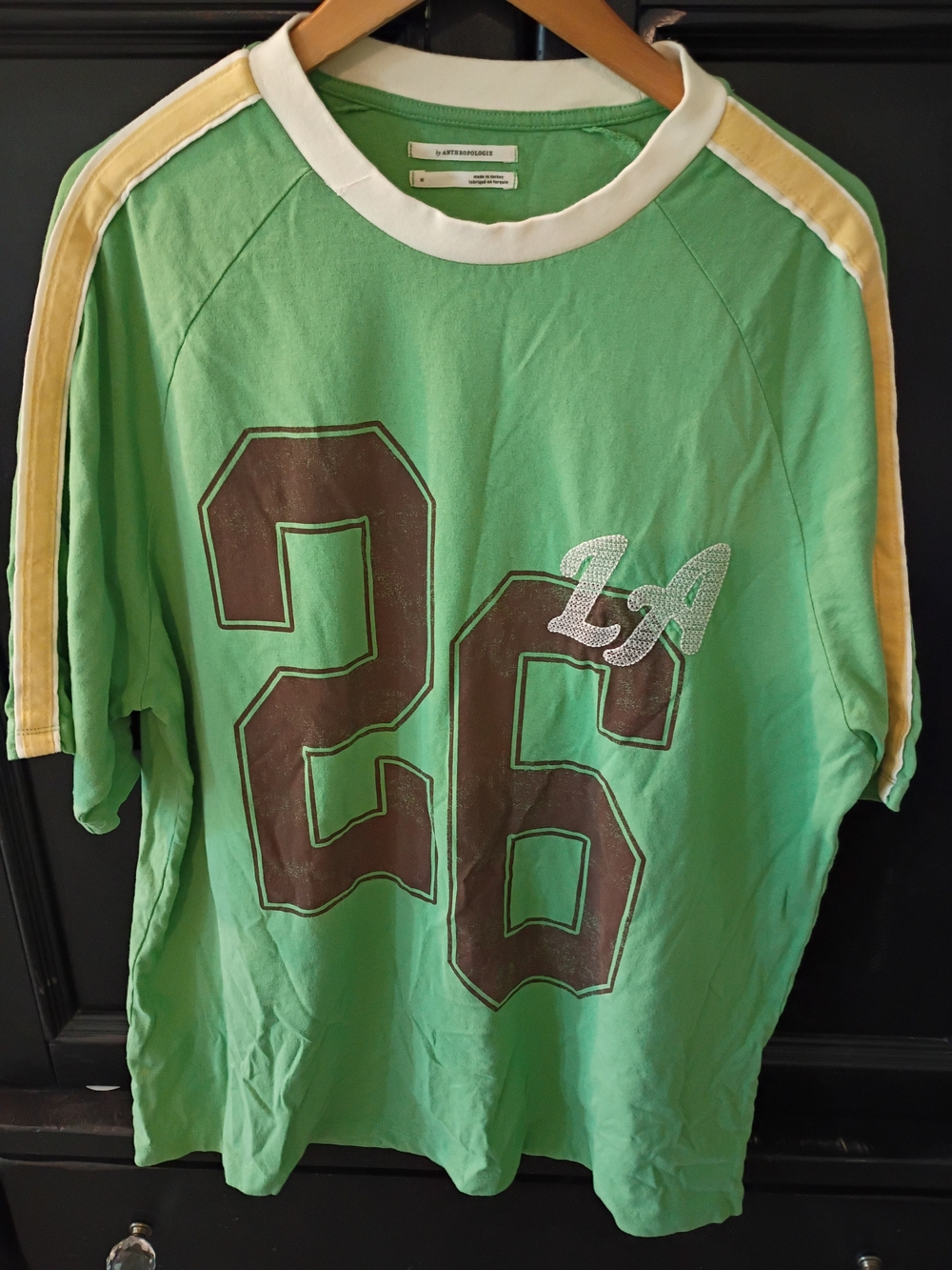 LA Number 26 Green Short Sleeve Tee with Yellow Shoulder Stripes